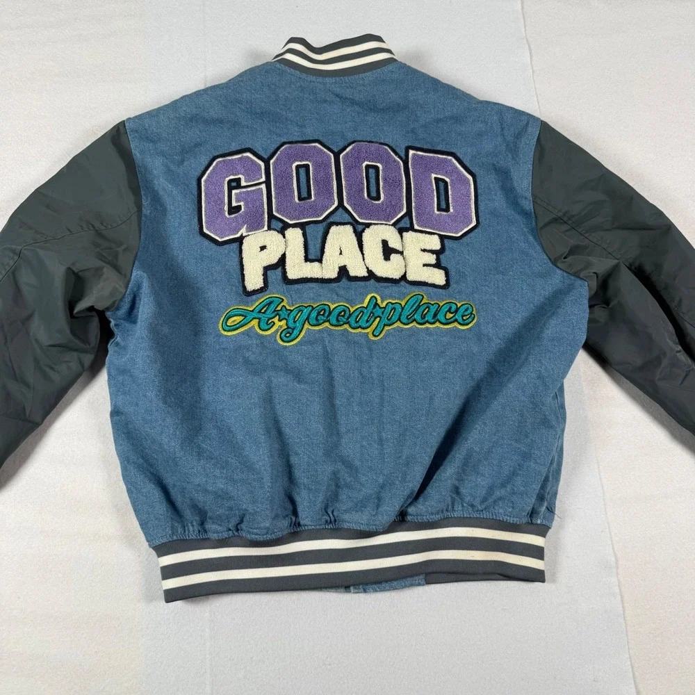 HM Mens Denim Varsity Jacket Blue Gray A Good Place Chenille Patch Bomber M